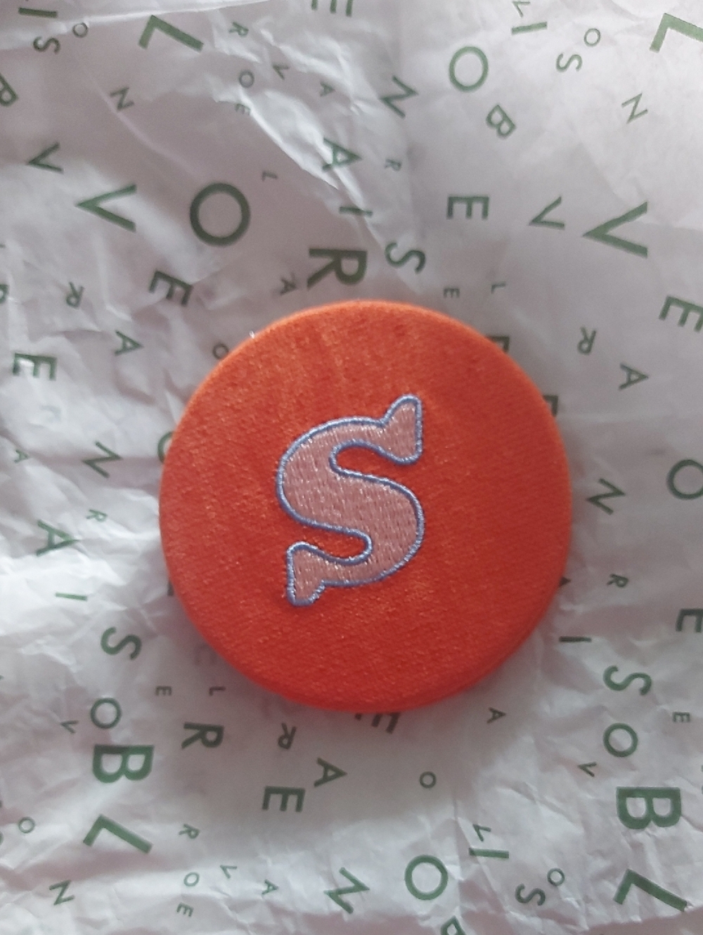 Oliver Bonas Orange Round Velvet Pin with Embroidered 'S'